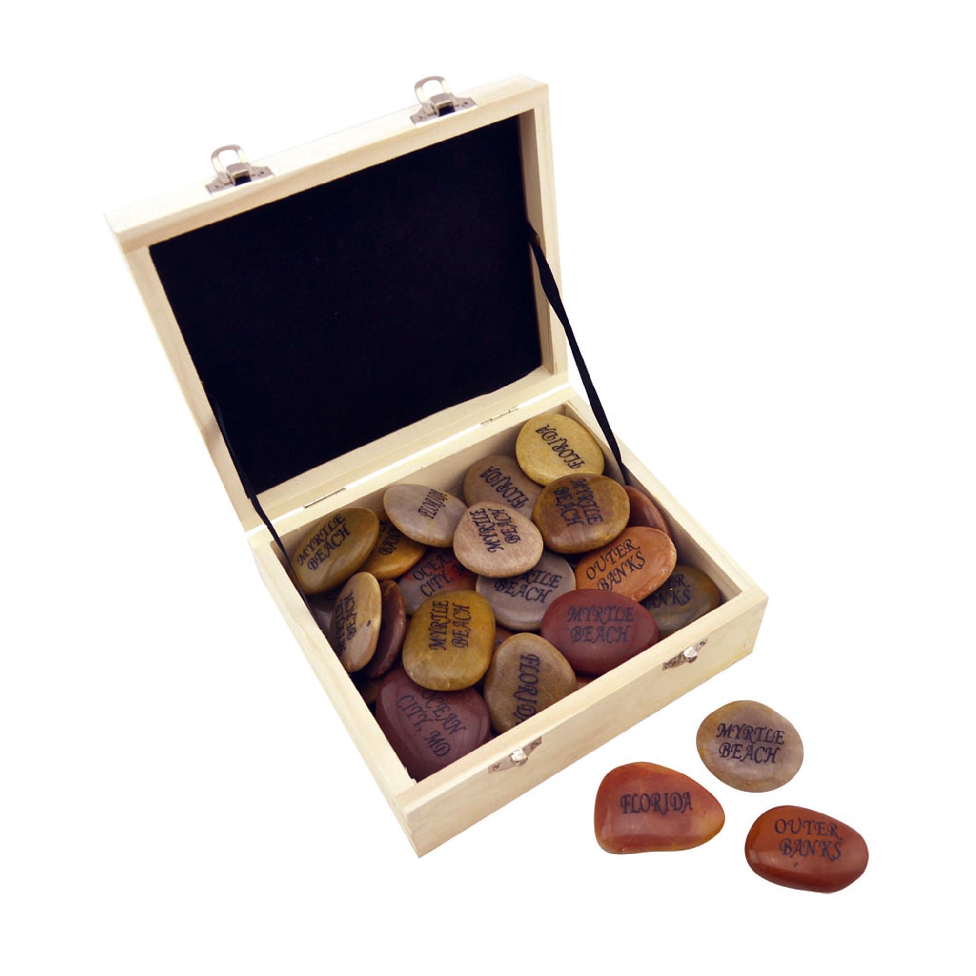 Pebble stone natural pebble with customize engravment in wooden display box