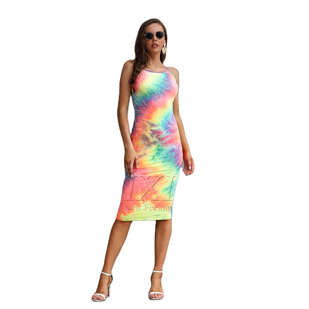 Ħalib Ħarir Tie-Dye Halter Dress Kessaħ Backless Spaghetti Strap Sexy Club Party Dress għan-nisa