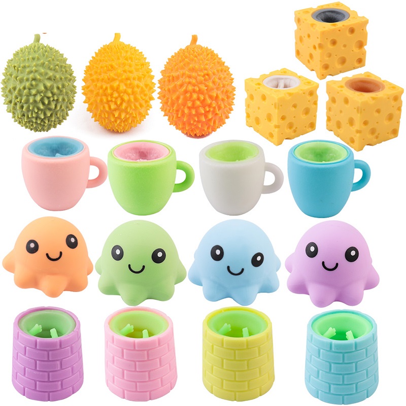 Squeeze Toys Amy & Benton 5 Styles Funny Squeeze Toys, Frog in the well,Simulation Durian,Octopus,Squirrel Teacup and Cheese Mouse ,Cute Decompression Toys for Kids and Adults,Release Stress Portable Toys Party Favors