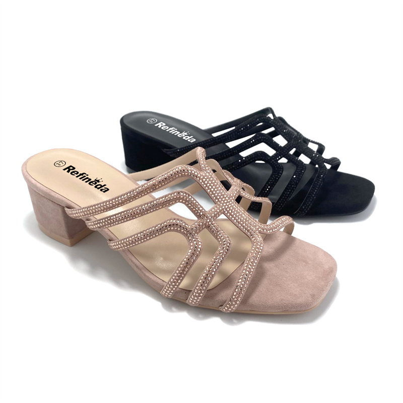 Women’s Rhinestone Chunky Block Heels Comfort Slip On Square Open Toe Heeled Sandals Dress Shoes