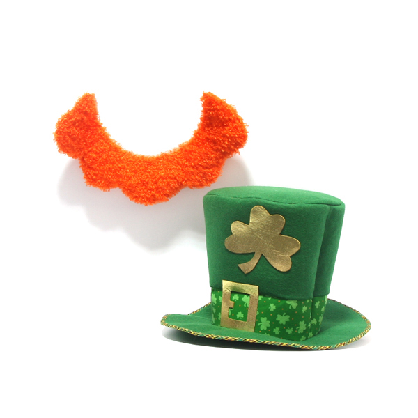 Factory 9 inch St. Patricks Day Irish Clover Costume Shamrock Green Tall Leprechaun Green Top Hat With Mustache beards Gold Buckle Accent