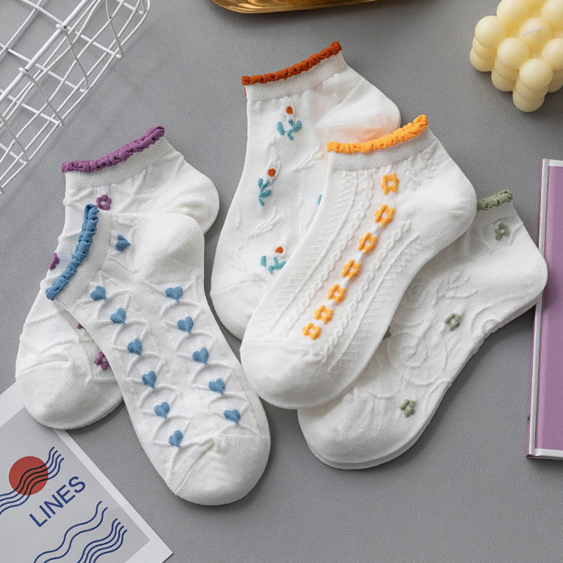 Тонкі японські милі шкарпетки-човники з барвистим краєм і білими квіточками.
