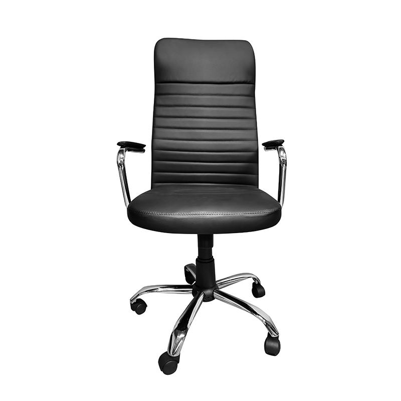 Ергономска извршна канцелариска фотелја со прилагодлив висок грб со вртење со хромирани раце, црна