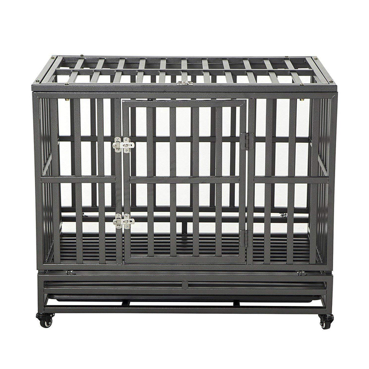 Black double door heavy duty metal dog crate with wheels