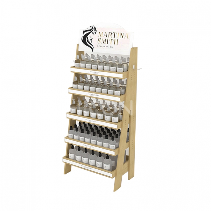 5-Tier Wood A Shape Hair Product Shampoo Display Rack For Retail Stores