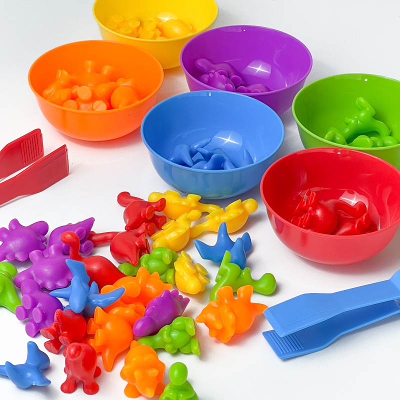 Counting Dinosaurs Toys Color Sorting Bowls Kids Matching Games Learning Toy Set