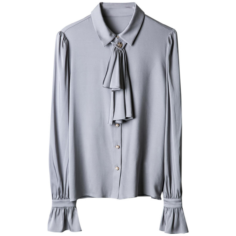 Stretch Satin Blue Silk Shirt Womens with Tie Front Top