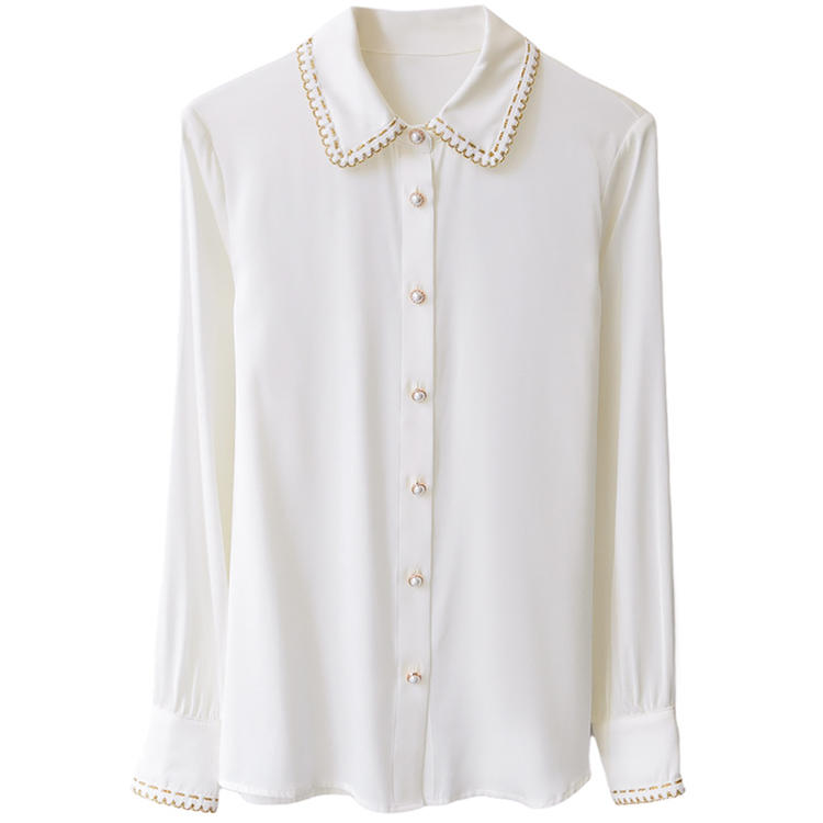Designer white silk top long sleeve with Collar