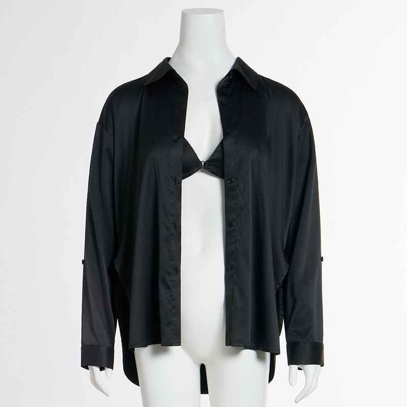 Loose And Lazy Style High-end Drape Satin Black Shirt Sexy Low V Push-up Bra Two-piece Set