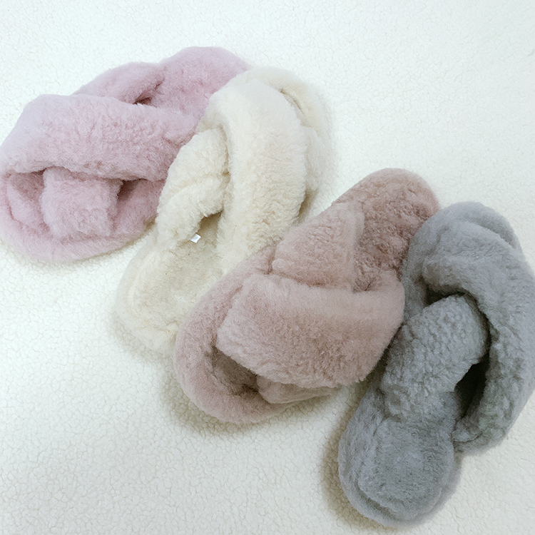 Women Fashion Indoor House Cross Band Fluffy Lamb Fur Slides Slippers