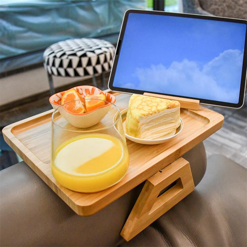Couch Arm Tray Table Clip on Sofa Armrest Tray Bamboo Side Table with 360° Rotating Phone Holder