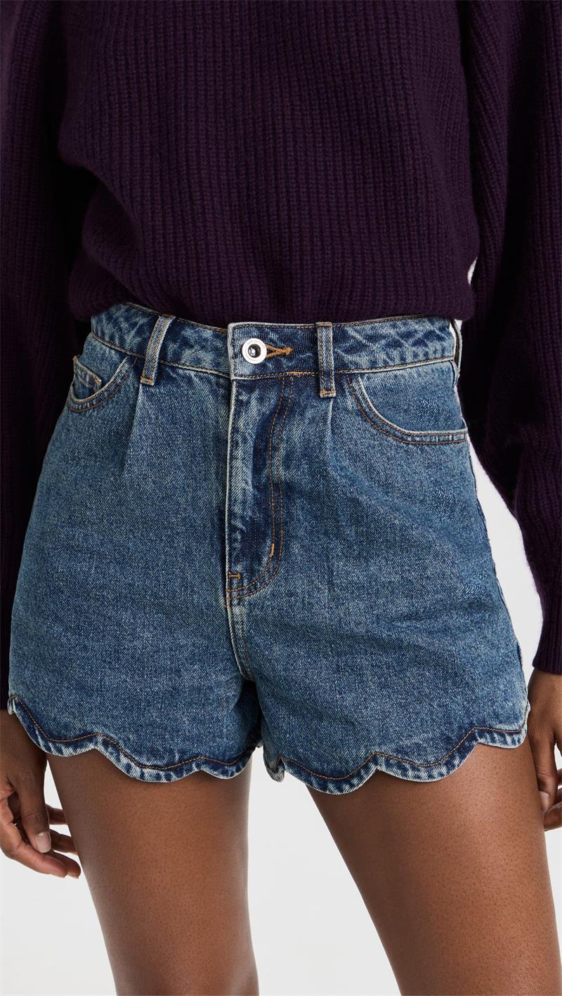 A-line Casual Straight-leg Pants High-waisted Wavy Sides Denim Shorts