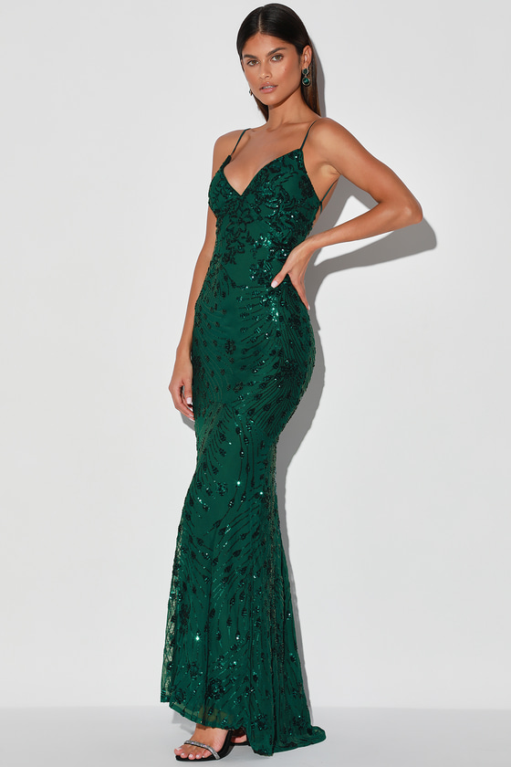 Green Sequin Lace-Up Maxi Dress Manufacturer