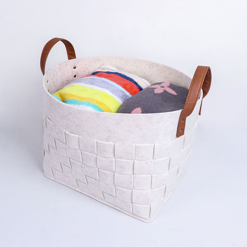 Storage Basket Bins, Handwoven Rectangular Felt Fabric Storage Box Cubes Containers with Pu Handles