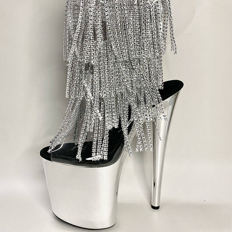 Sliver platform kulit paten stiletto heels stripper sepatu hak berbulu