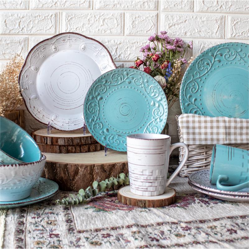 Hand Printed Relief Vintage Dinnerware Set