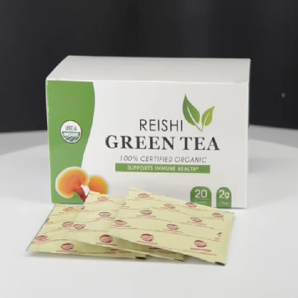 Té verde de marca privada con paquete de caja de bolsitas de té Reishi Mejora el sistema inmunológico