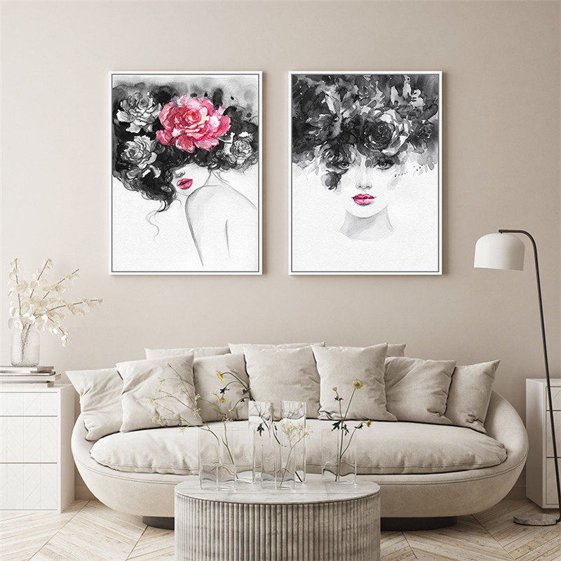 Framed Canvas Watercolor Woman and Flowers Wall Art Set