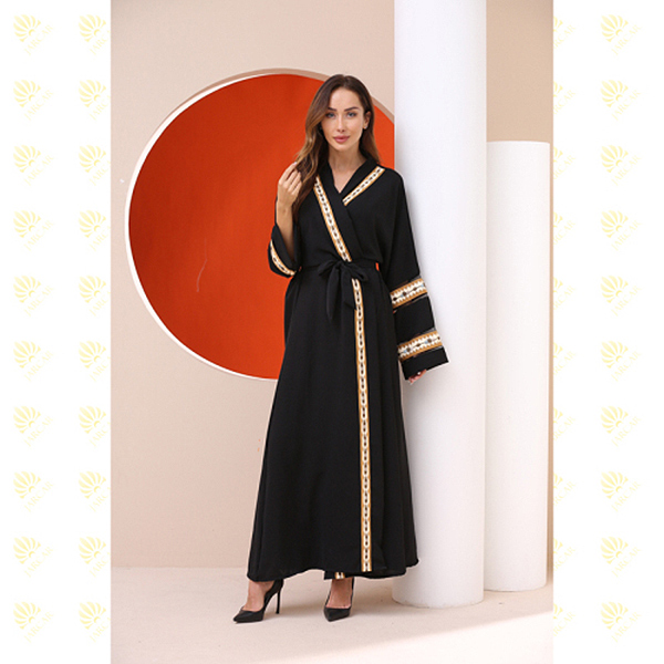 JK034 Black Sexy Sleeve Trim Embroidery Muslim Kaftan Long Dress