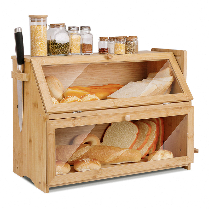 Double-Layer Bamboo Bread Box For Kitchen Counter