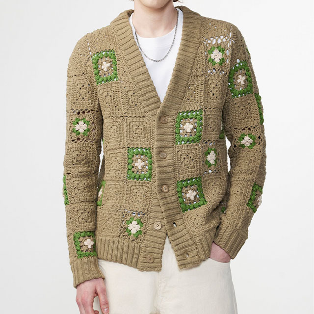 Men’s Heavy V-Neck Flower Pattern Crochet Cardigan