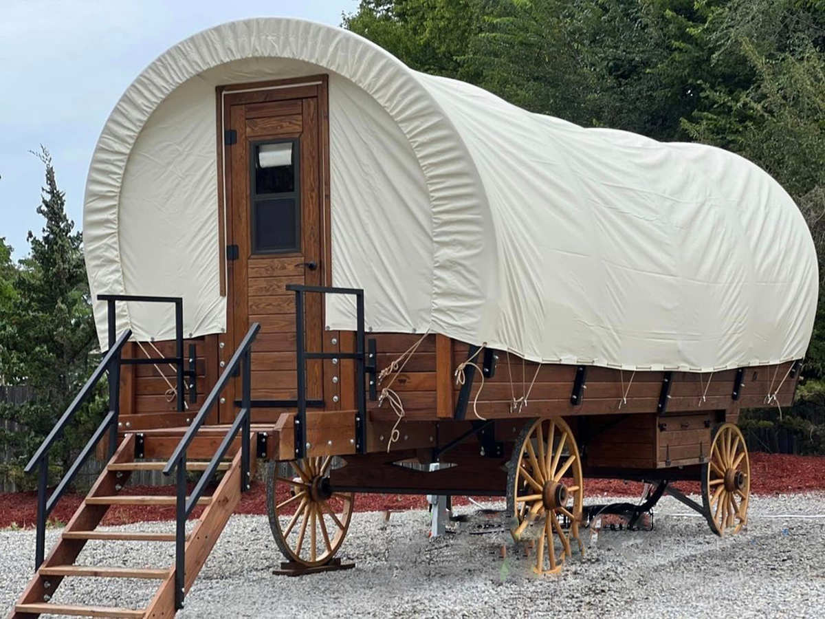 Wooden Glamping Carriage Tent with Mobile Wheel Luxury Outdoor Camping Wagon Tent