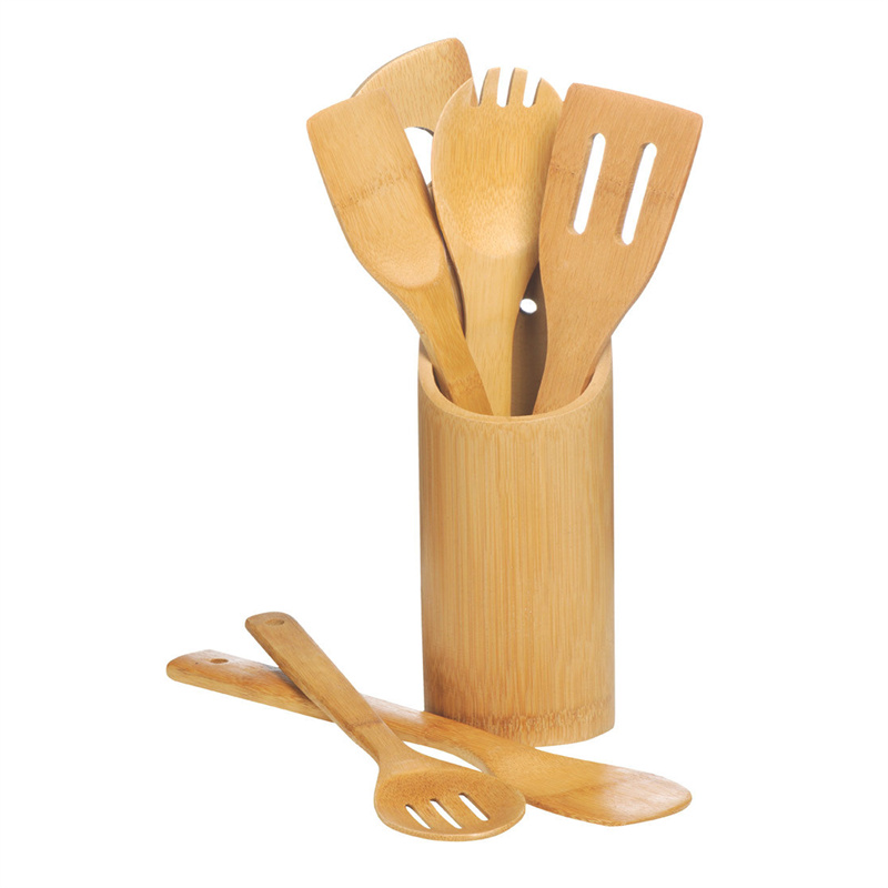 6pcs Bamboo Wood Kitchen Cooking Utensil Set with Holder