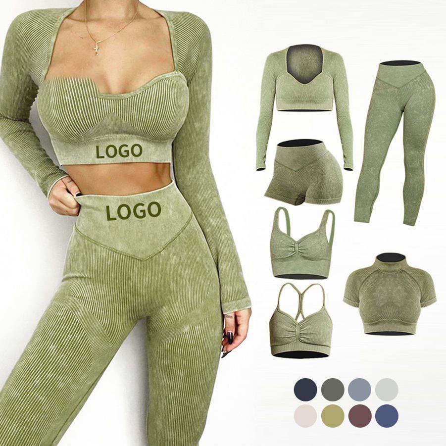 6pcs Wash Ribbed Fitness Yoga Set Active Seamless Workout Gym Fitness Suit