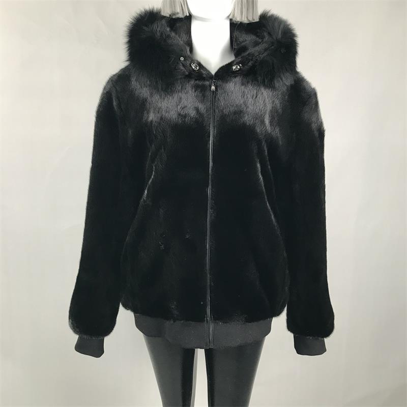 HG7590 HOOED MEN’S MINK COAT-28″  WITH FOX TRIM AND RIB