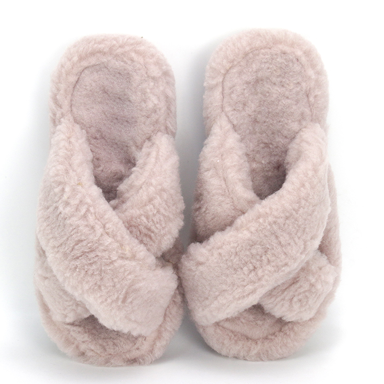 Damesmode Indoor House Cross Band Fluffy Lamb Fur Slides Slippers