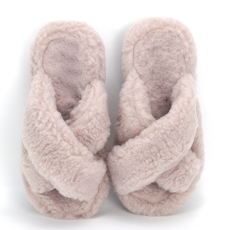 Nisa Fashion Indoor House Cross Band Fluffy Lamb Fur Slides Papoċċi