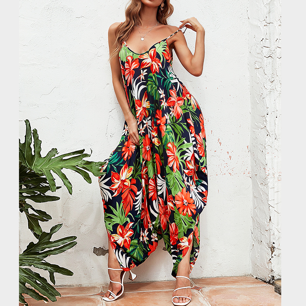 Summer Jumpsuits Women Rayon Floral Print Jumpsuit Bohemian Spaghetti Strap Sleeveless Wide Leg Loose Rompers
