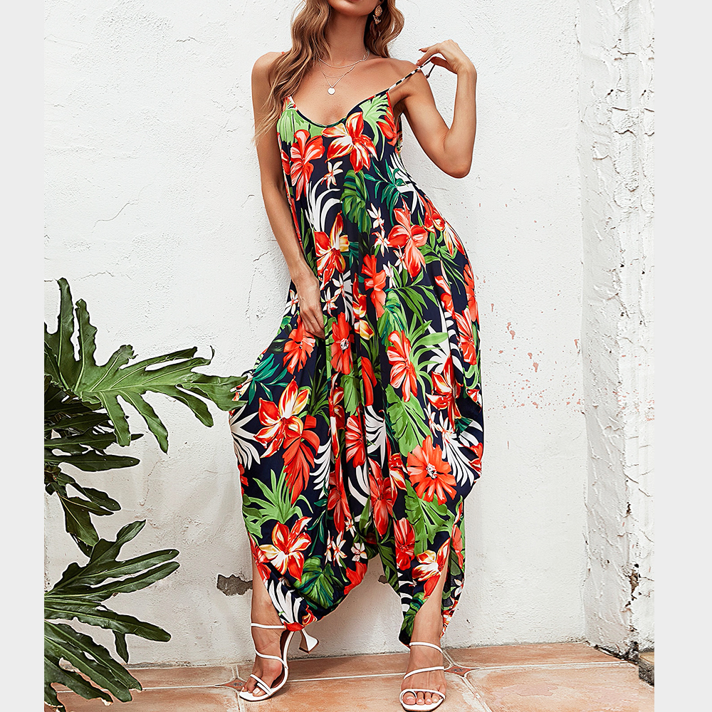 Mga Jumpsuit sa Ting-init nga Babaye Rayon Floral Print Jumpsuit Bohemian Spaghetti Strap Wala'y bukton nga Wide Leg Loose Rompers