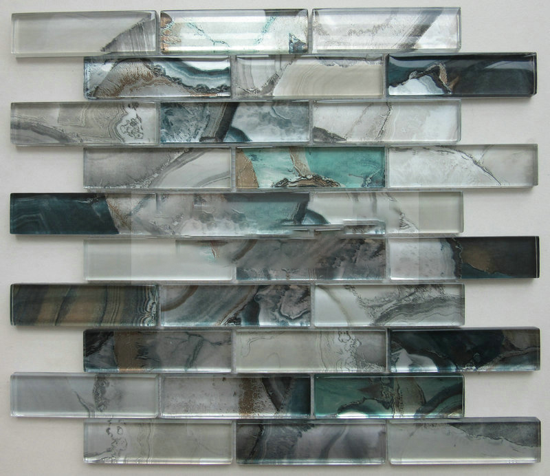 Adalu Awọ Alailẹgbẹ Gilasi Laminated Strip Moseiki Tile Laminated Strip Gray Brown didan Metallic Glass Moseiki Apẹrẹ Tuntun Laminated Gilasi Mosaic fun Yara inu ile