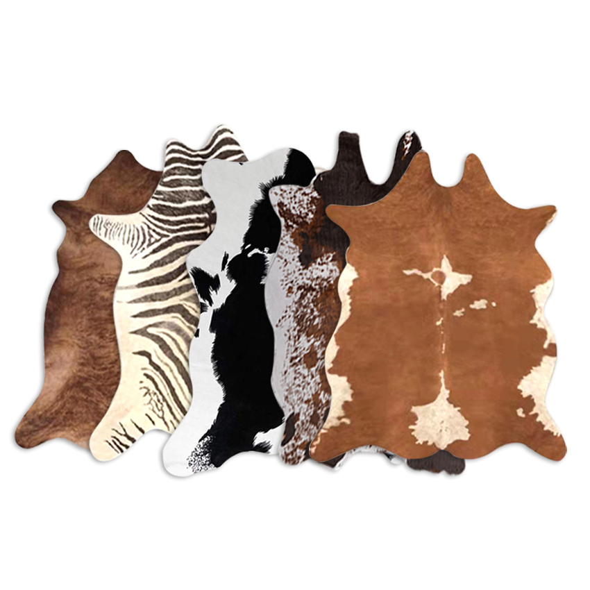 Réimse Priontála Bó Faux Cowhide Rug le haghaidh Seomraí Leapa, cairpéid Faux Fur Ainmhithe Rug Bó