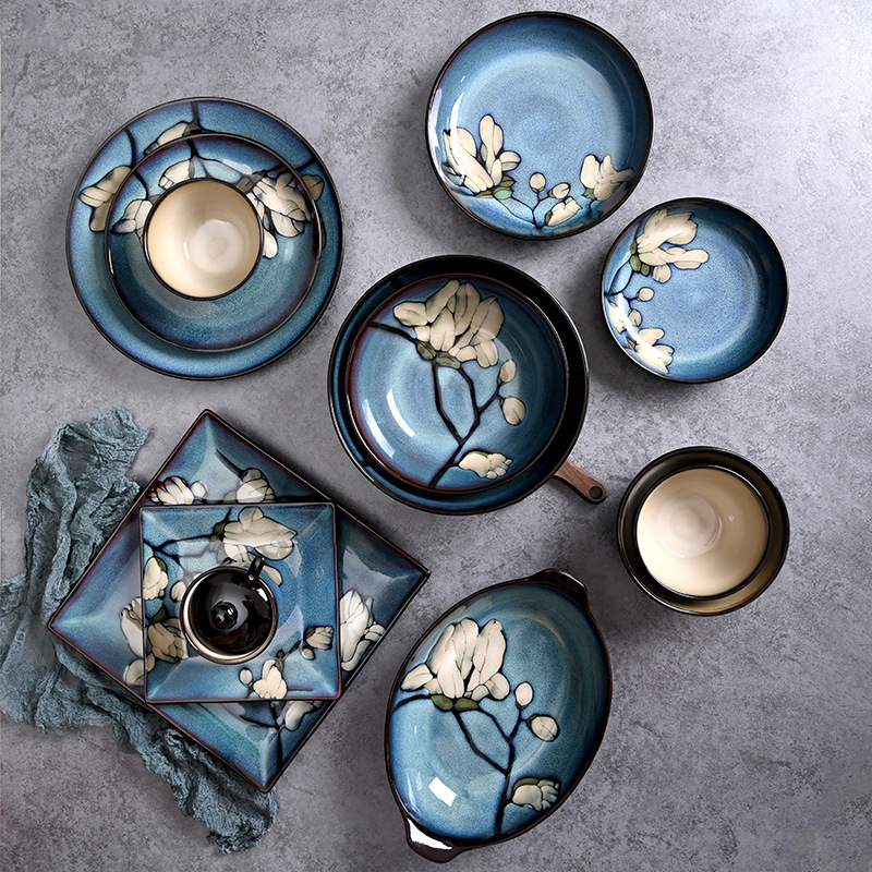 Win-win hand-painted porcelain magnolia tableware set home round plate rice bowl fish bowl big soup bowl