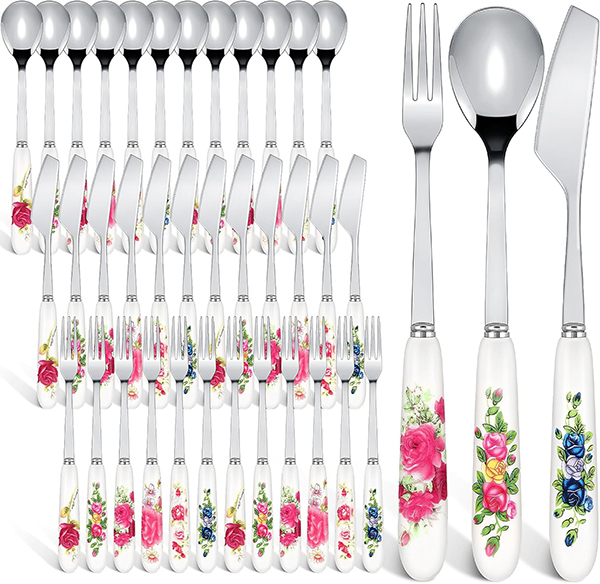72 Pcs Dessert Silverware Set Tea Party Stainless Steel Dinner Flatware Bulk Wedding Dessert Spoons Knives Forks with Ceramic Handle for Spring Coffee Salad Cake Tea Party Gifts, Service for 24