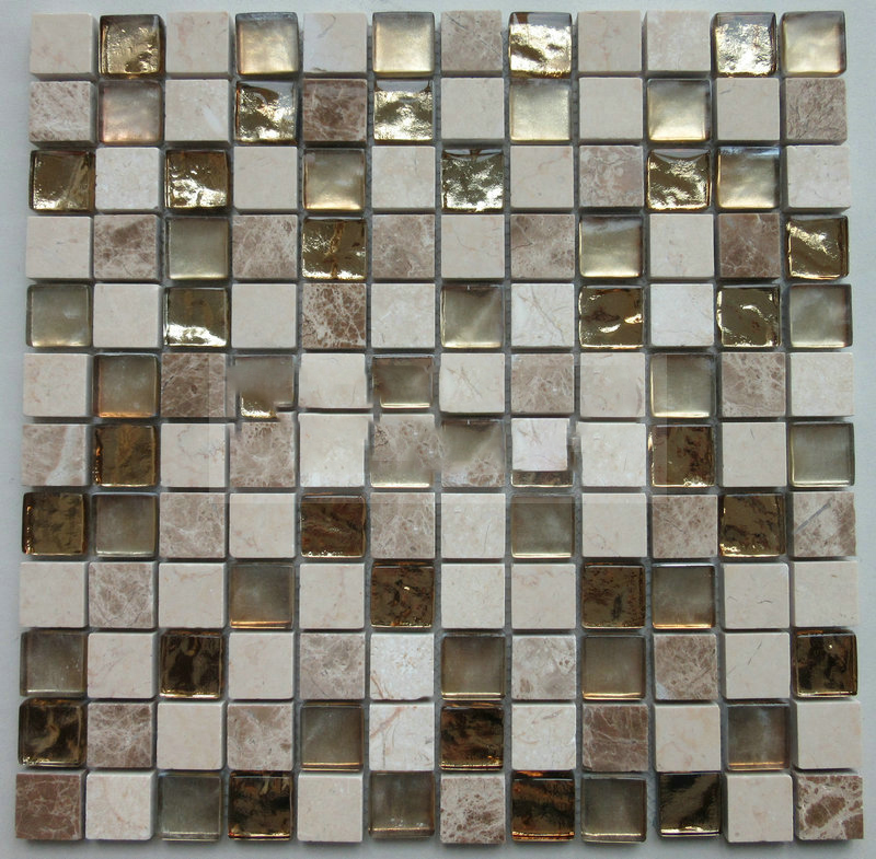 Ambongadiny Electroplating Golden Loko Glass Mosaika miaraka amin'ny marbra Stone Mosaic taila Laminated Electroplating mangatsiaka Spray Brown Yellow Rano Ripple Rectangle Glass Mosaics