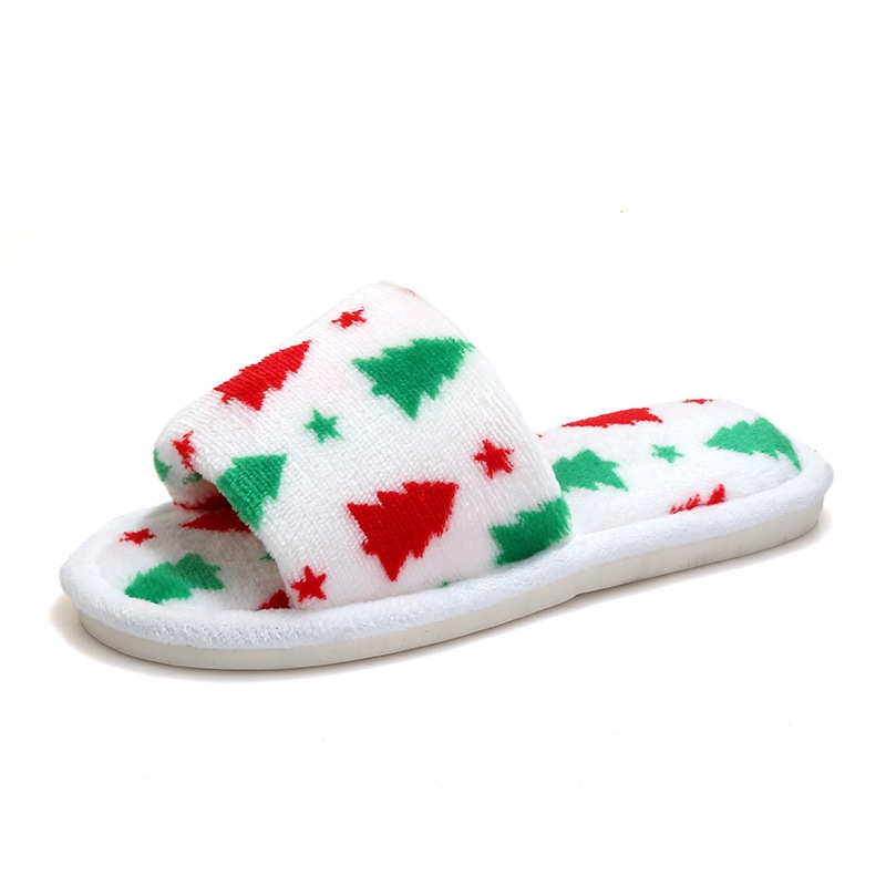 Christmas Gifts Tree Embroidered Slippers Green & White Fluffy Open-toe Slippers