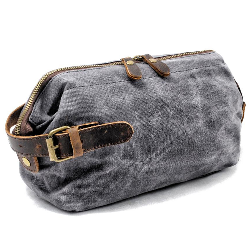 Fashion grey men wax canvas leather travel toilet bag set cosmetic pouch bag wholesale