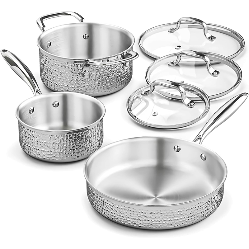 EK001 6 Pieces Hammered Stainless Steel Pots and Pans Cookware Set