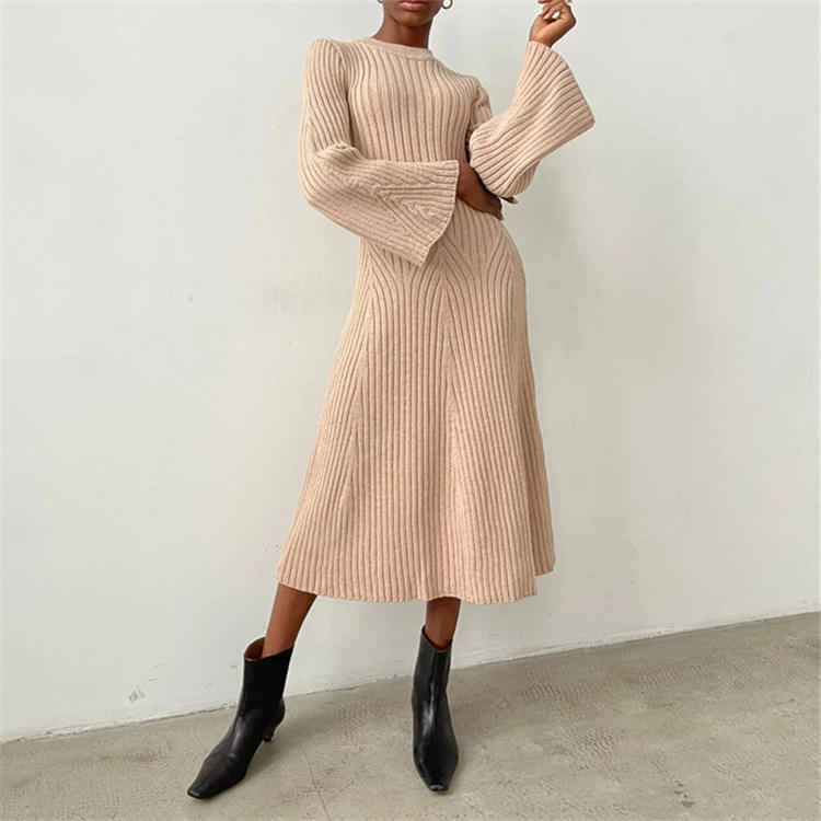 2024 winter new casual thickened long sleeved solid sweater dress