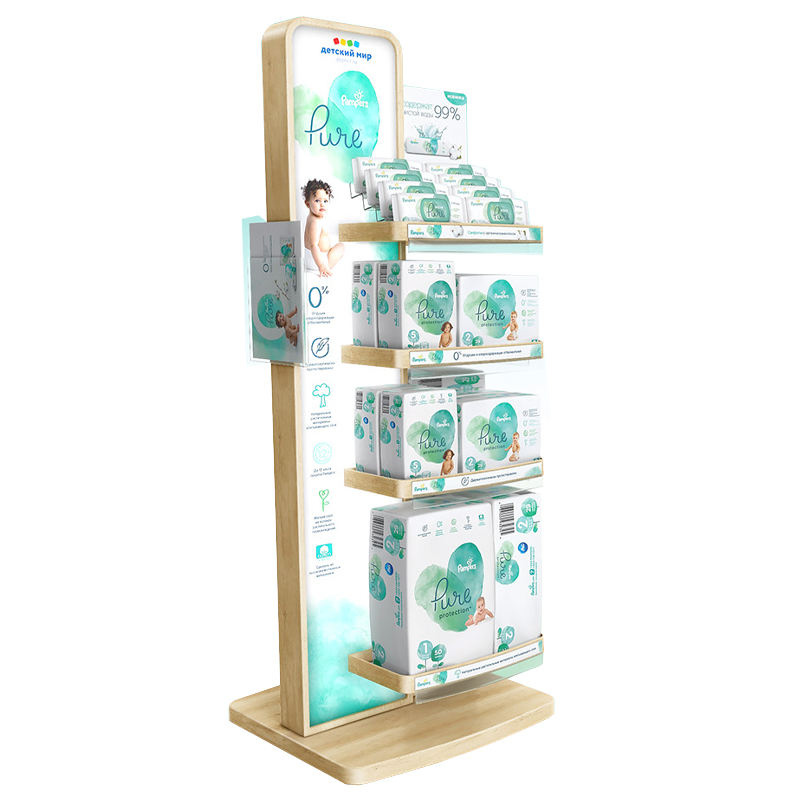 BB030 Supermarket Floor Wood Texture Baby Diaper Displays Stands With Brochure Holders And Light Box