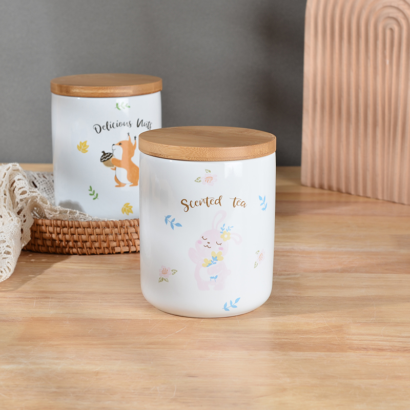 Cute Decal Round Ceramic Tea Sugar Coffee Storage Canister Set Kitchen Decor