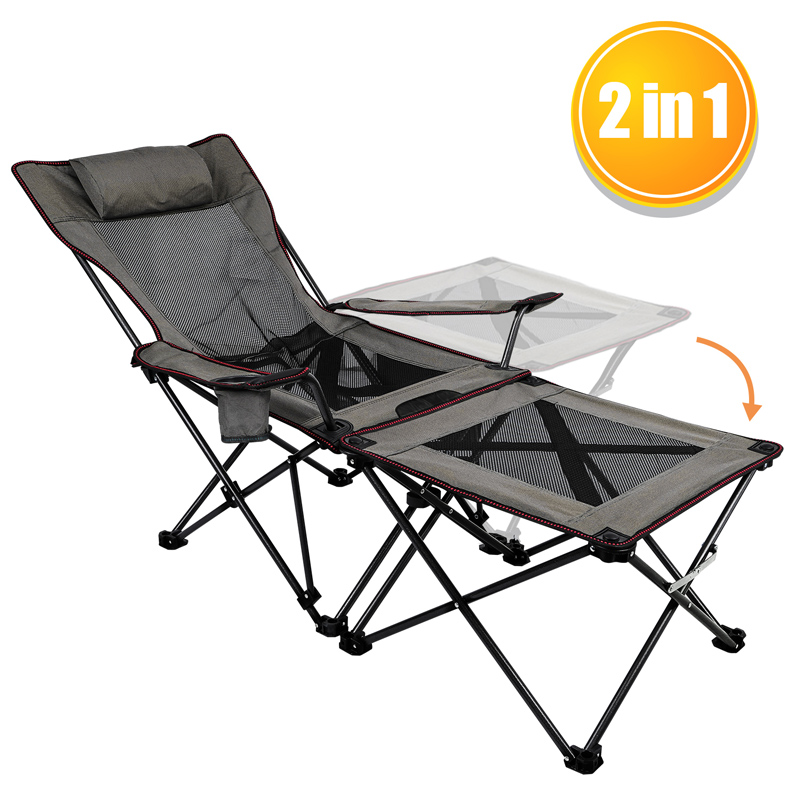 2 i 1 sammenleggbar campingloungestol med avtakbart sidebord for campingfiskestrand og piknik