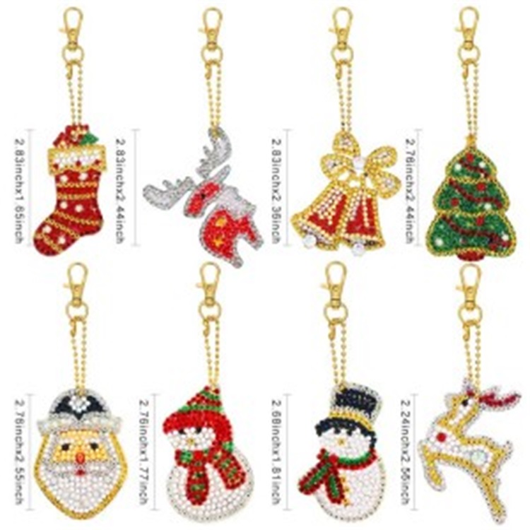 BA-805 8 Pieces Christmas DIY Diamond Key Chain for Kid 5D DIY Diamond Painting Key Chain Pendant Handicraft Key Chain Including The Patterns of Santa, Snowman, Elk and Stockings for Christmas Supplies