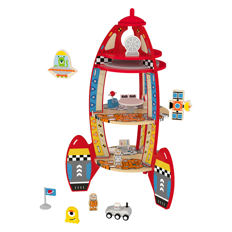 Lille værelse Tre-trins Toddler Rocket Ship Legesæt |Rumskibslegetøj af træ med rumfærgedesign fra det virkelige liv, Rocket Space Center-stykker og Planetary Lander