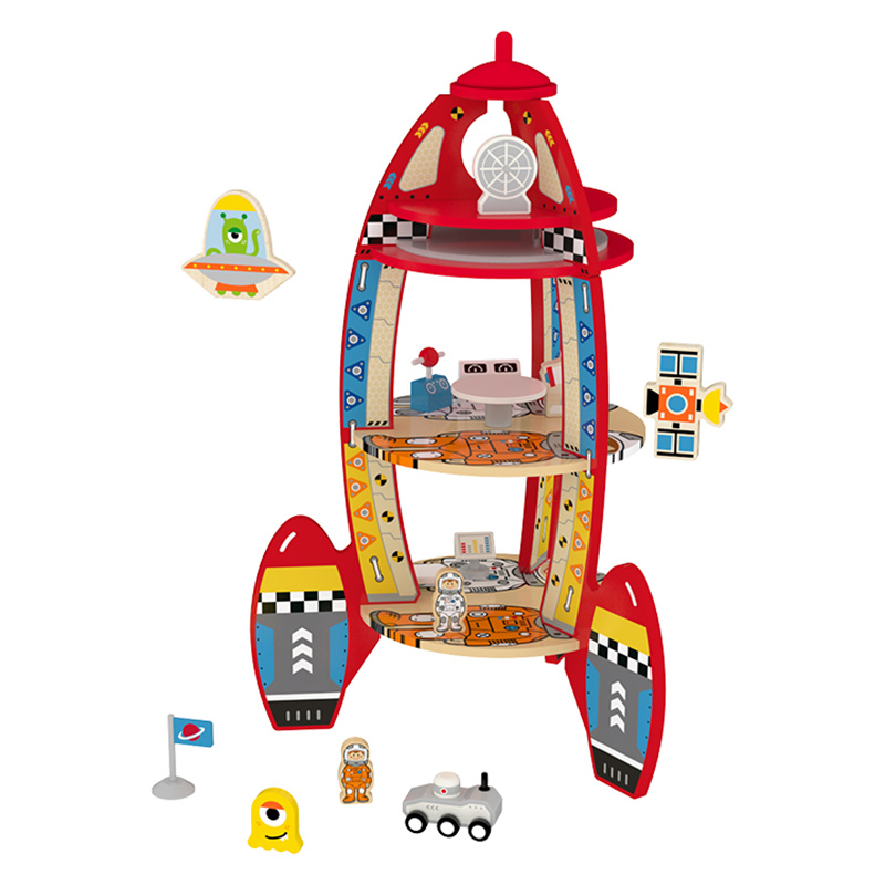 Little Room Three Stage Toddler Rocket Ship Playset |Real Life Space Shuttle ဒီဇိုင်းများ၊ Rocket Space Center Pieces နှင့် Planetary Lander ပါရှိသော သစ်သားအာကာသသင်္ဘောအရုပ်