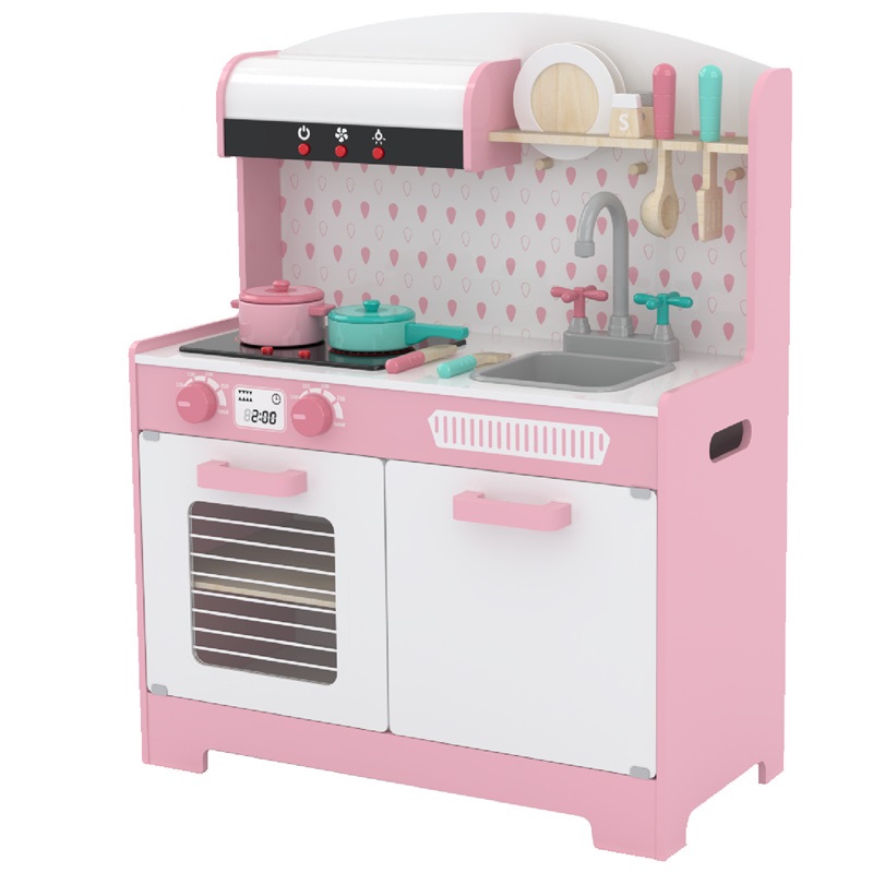 Lille værelse Børn lader som om madlavningssæt Pink køkkenlegetøj i træ Legesæt med lyd og lys