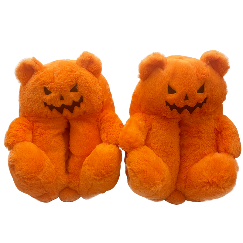Halloween Pumpkin Slippers Women Cartoon Cute Plush Teddy Bear Sliders Home Flip Flops Winter Warm